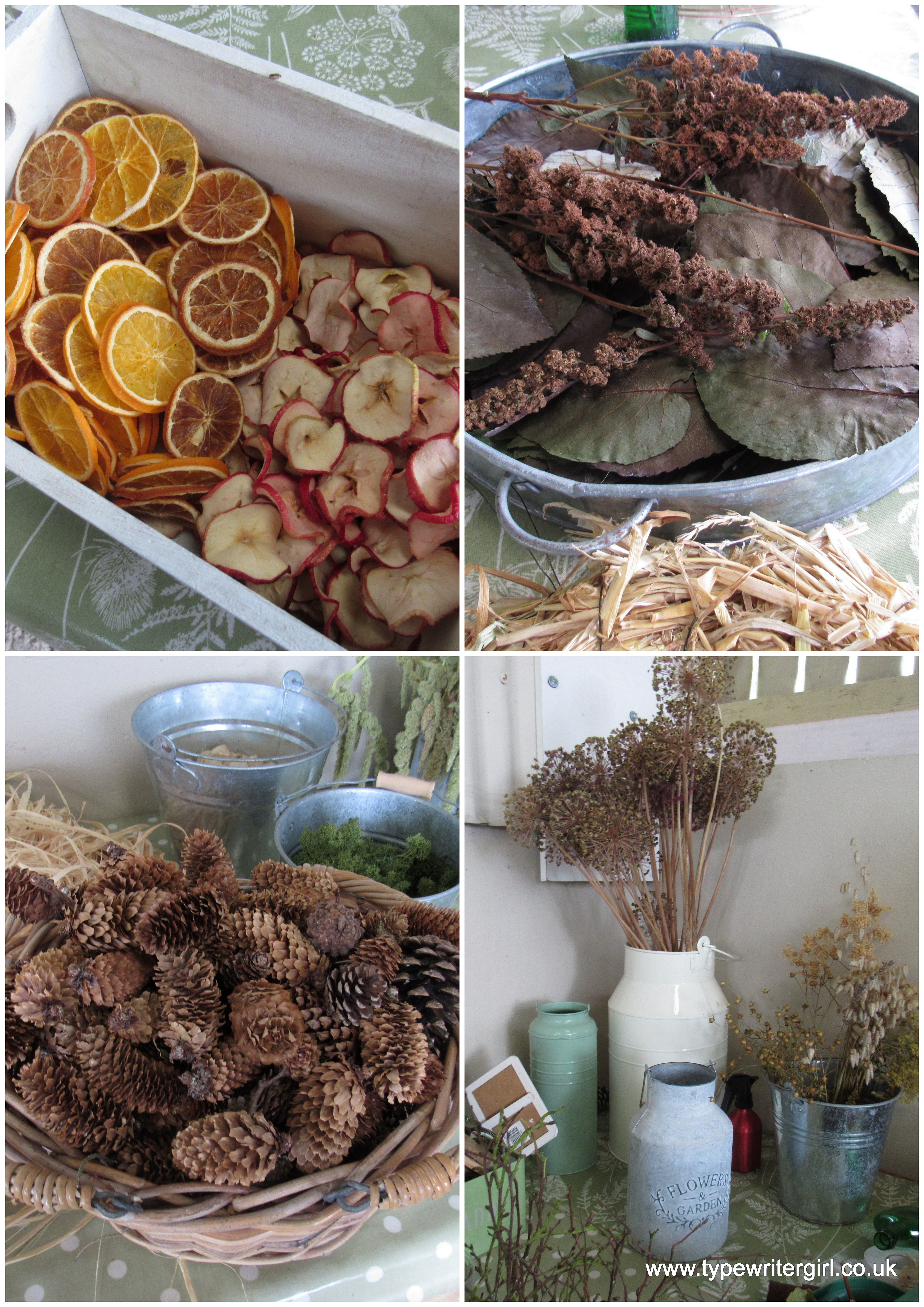 a selection of dried fruit and flowers for wreath making