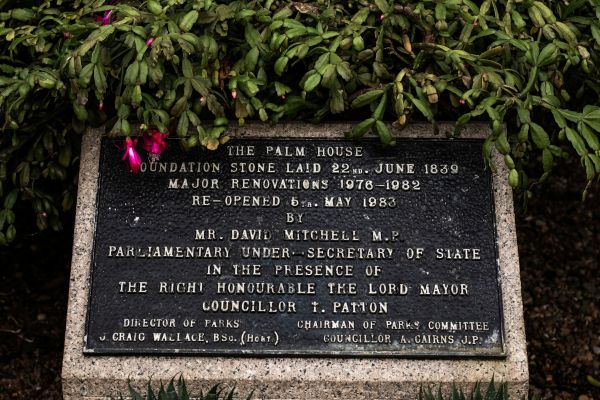 the foundation stone at the Palm House Belfast