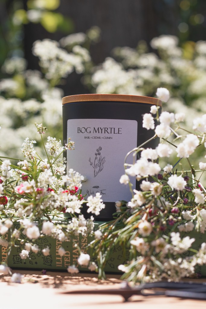 close up of a Wick and Fern botanical candle photographed outdoors